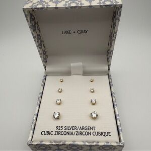 Lake + Gray Sterling Silver Cubic Zirconia 4-Pair Stud Earring Set - New in Box